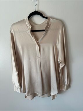 Vince Silk Split-Neck Blouse in Cream